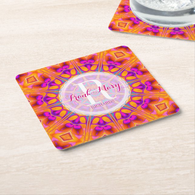 Fuchsia Pink Orange Monogram Paper Coasters (Angled)