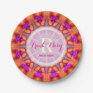 Fuchsia Pink Orange Monogram Paper Plate