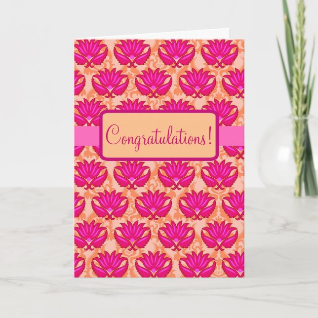 Fuchsia Pink Orange Parisian Damask Congratulation Card (Front)