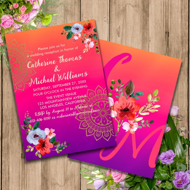 Fuchsia Pink Orange Purple Bright and Bold Floral Invitation (Creator Uploaded)