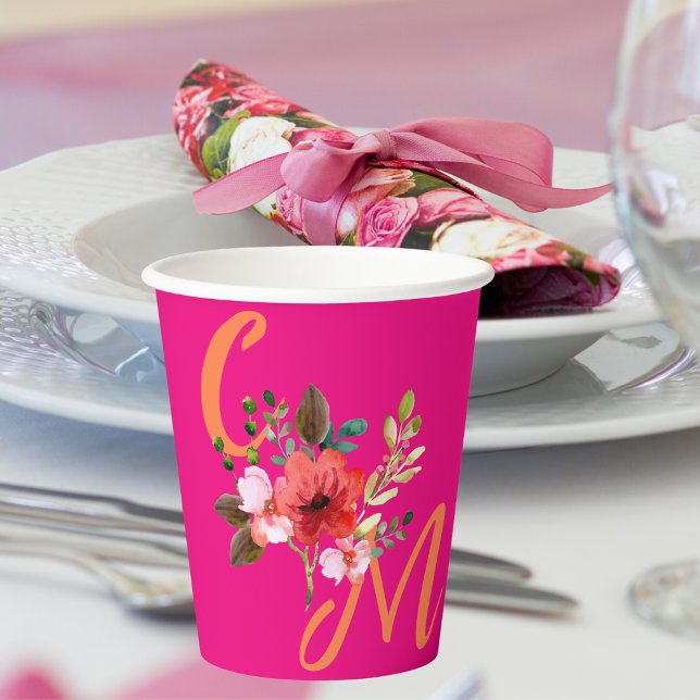Fuchsia Pink Orange Purple Bright and Bold Floral Paper Cups (Creator Uploaded)