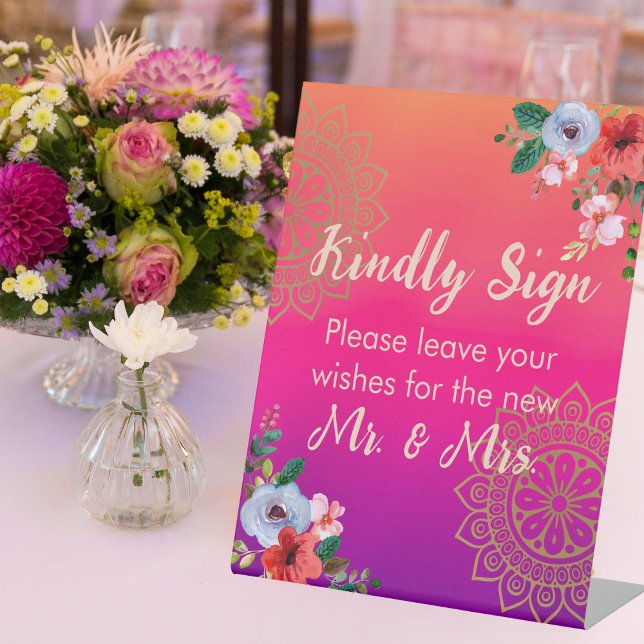Fuchsia Pink Orange Purple Bright and Bold Floral  Pedestal Sign (Creator Uploaded)
