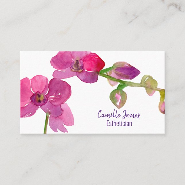 Fuchsia Pink Orchid Watercolor Flower Business Card (Front)