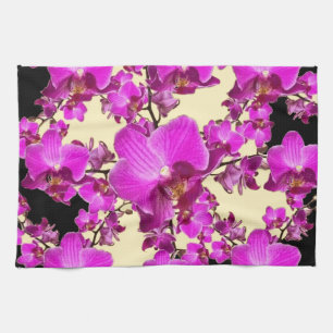 Fuchsia Pink Orchids Cream & Black Pattern Gifts Tea Towel