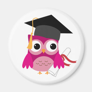 Fuchsia Pink Owl with Diploma Graduation Magnet