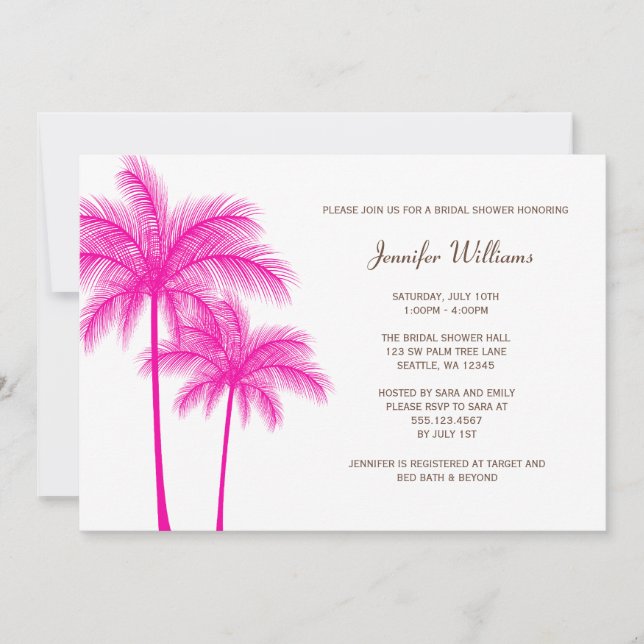 Fuchsia Pink Palm Tree Bridal Shower Invitation (Front)