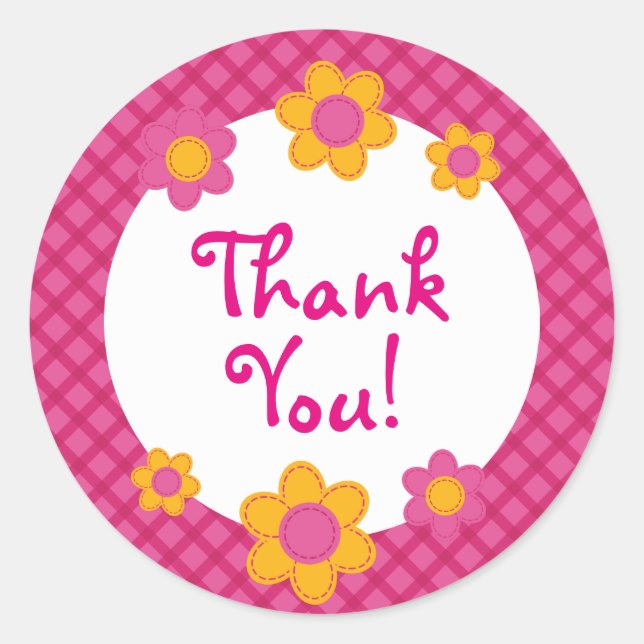 Fuchsia pink plaid cute thank you spring flowers classic round sticker (Front)