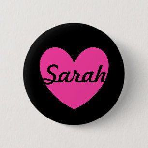 Fuchsia pink polka hearts on black 6 cm round badge
