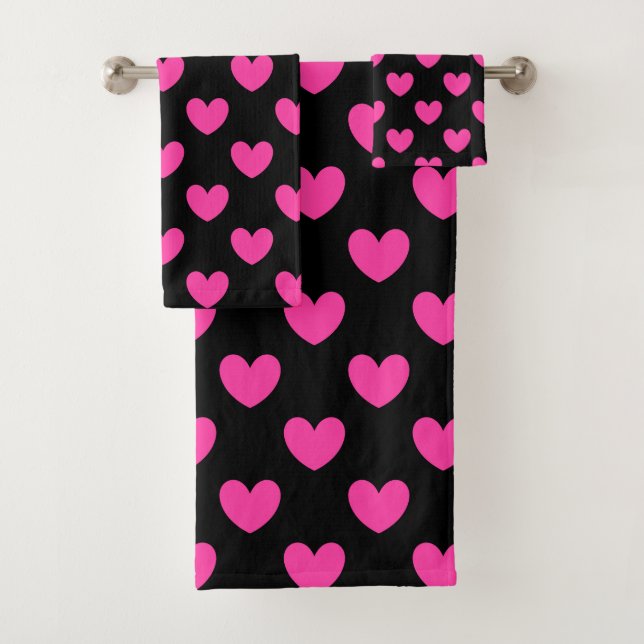 Fuchsia pink polka hearts on black bath towel set (Insitu)