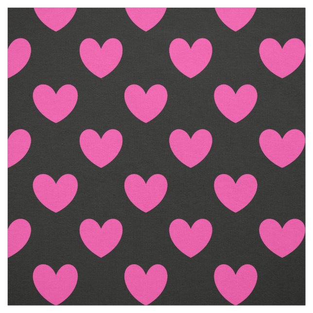 Fuchsia pink polka hearts on black fabric (Swatch)