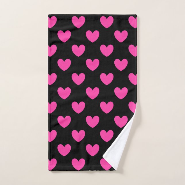 Fuchsia pink polka hearts on black hand towel (Hand Towel)