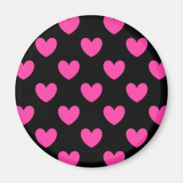Fuchsia pink polka hearts on black magnet (Front)