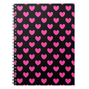 Fuchsia pink polka hearts on black notebook