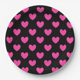 Fuchsia pink polka hearts on black paper plate