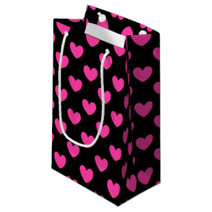 Fuchsia pink polka hearts on black small gift bag