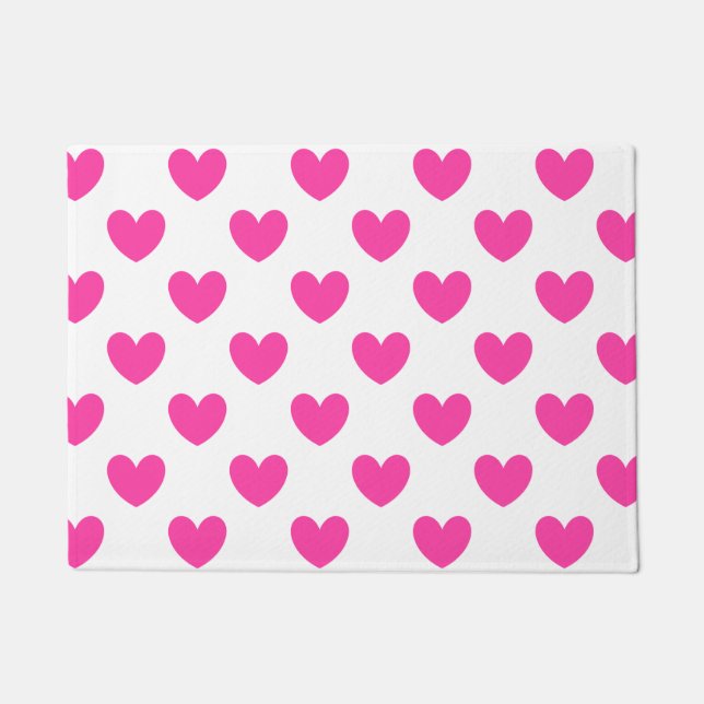 Fuchsia pink polka hearts on white doormat (Front)