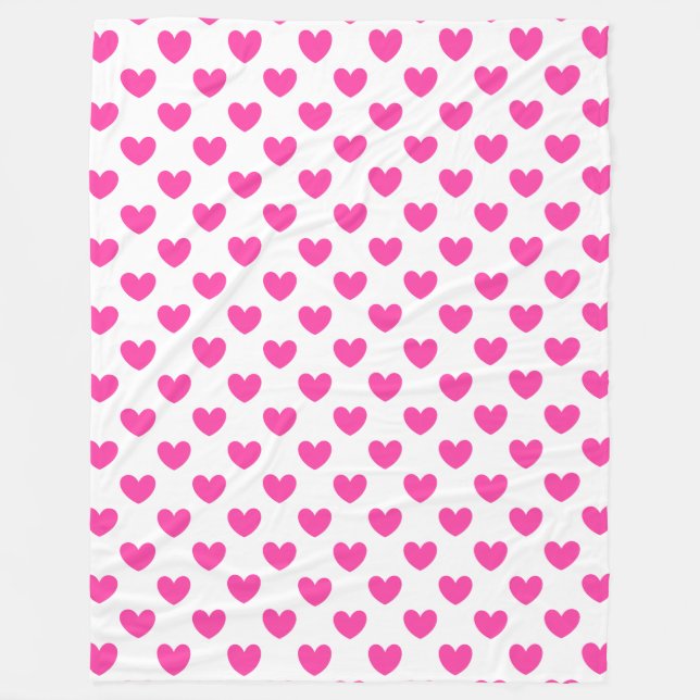 Fuchsia pink polka hearts on white fleece blanket (Front)