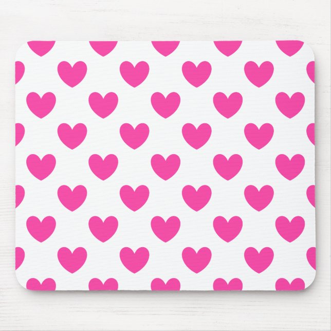 Fuchsia pink polka hearts on white mouse pad (Front)