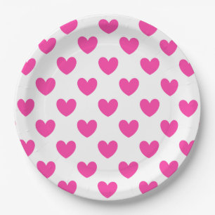 Fuchsia pink polka hearts on white paper plate