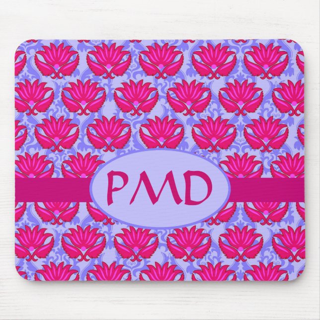 Fuchsia Pink Purple Art Nouveau Damask Monogram Mouse Pad (Front)