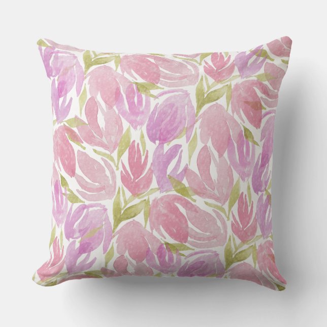 Fuchsia Pink Purple Watercolor Flowers Pattern Cushion (Front)