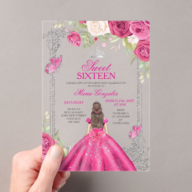 Fuchsia Pink Rose Sweet 16 Princess Invitation (Insitu (Handheld))
