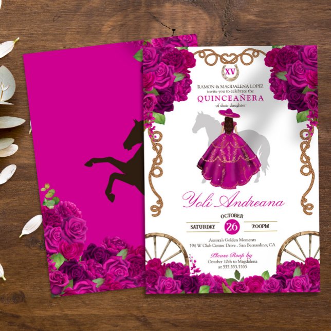 Fuchsia Pink Rose Western Charro Quince Años Invitation (Creator Uploaded)