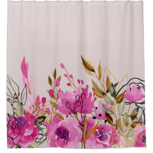 Fuchsia Pink Roses and Gold Leaves Art Shower Curtain