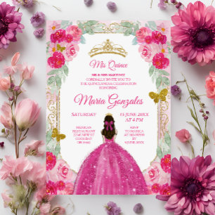 Fuchsia Pink Roses Charra Mis Quince Invitation