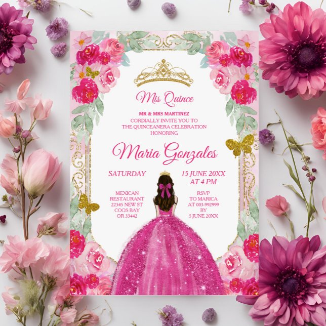 Fuchsia Pink Roses Charra Mis Quince Invitation (Creator Uploaded)