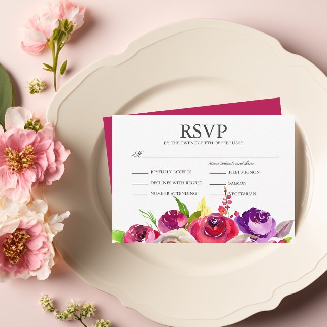 Fuchsia Pink Roses Garden Wedding Meal RSVP Card (Creator Uploaded)