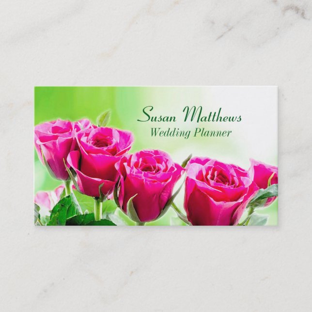 Fuchsia Pink Roses on a Light Green Background Business Card (Front)