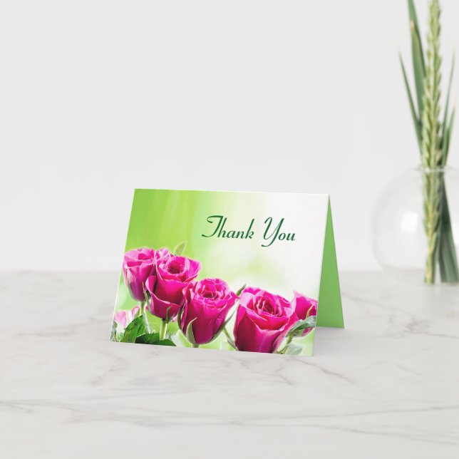 Fuchsia Pink Roses on a Light Green Background Thank You Card (Front)