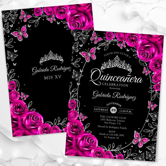 Fuchsia Pink Silver Black Quinceanera Invitation (Creator Uploaded)