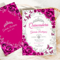 Fuchsia Pink Silver Floral Quinceanera