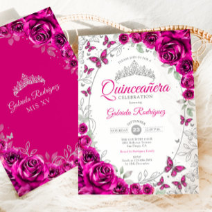 Fuchsia Pink Silver Floral Quinceanera Invitation