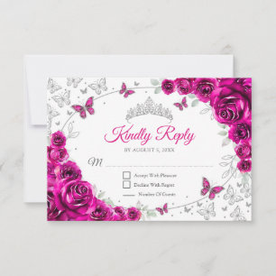 Fuchsia Pink Silver Floral Quinceanera Reply RSVP Card