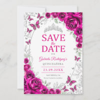 Fuchsia Pink Silver Floral Quinceanera