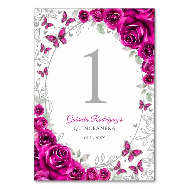 Fuchsia Pink Silver Floral Quinceanera Table Number (Front)