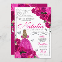 Fuchsia Pink Silver Princess Butterfly Quinceañera