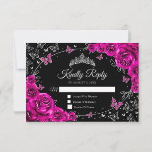 Fuchsia Pink Silver Quinceanera Reply RSVP Card