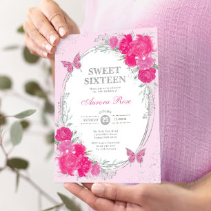 Fuchsia Pink Silver Sweet Sixteen 16th Birthday Invitation