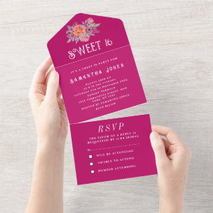 Fuchsia Pink Sweet 16 Floral Sixteen Girly Elegant All In One Invitation