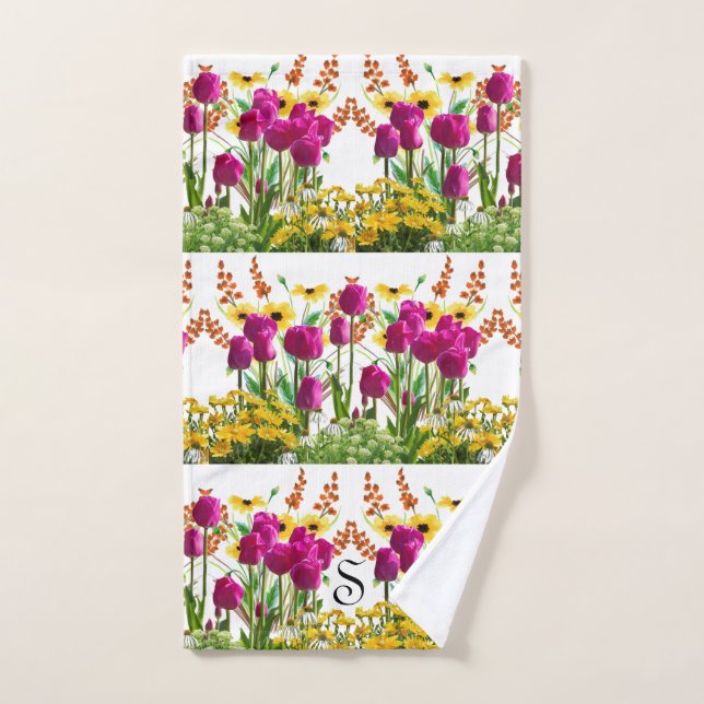 Fuchsia Pink Tulips Floral Monogram Hand Towel (Hand Towel)