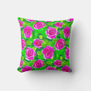 Fuchsia Pink Watercolor Rose Pattern Cushion