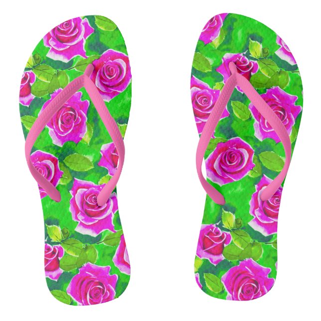 Fuchsia Pink Watercolor Rose Pattern Jandals (Footbed)
