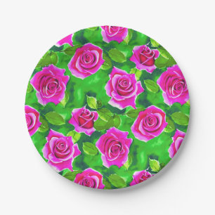 Fuchsia Pink Watercolor Rose Pattern Paper Plate