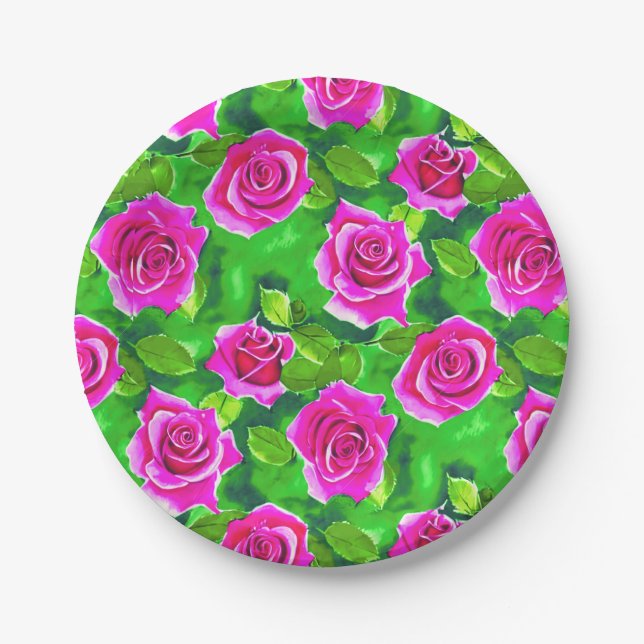 Fuchsia Pink Watercolor Rose Pattern Paper Plate (Front)