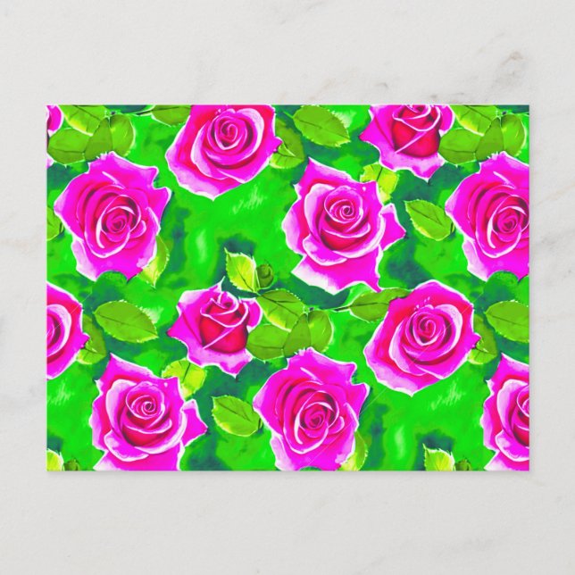 Fuchsia Pink Watercolor Rose Pattern Postcard (Front)