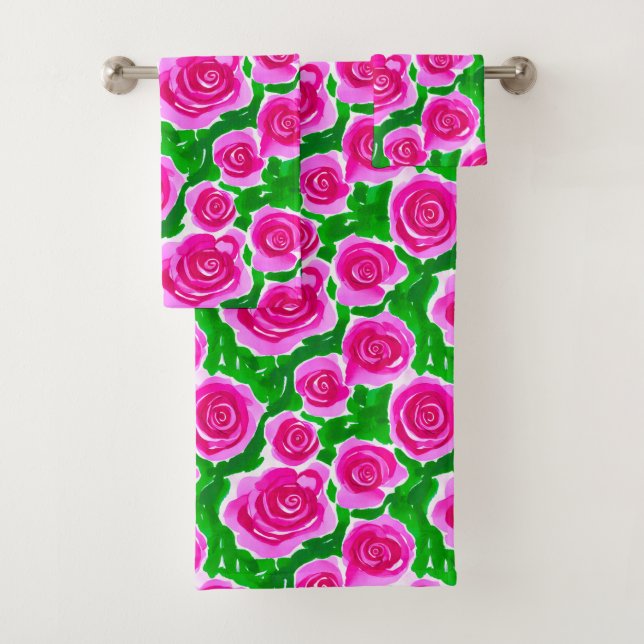 Fuchsia Pink Watercolor Roses Bath Towel Set (Insitu)